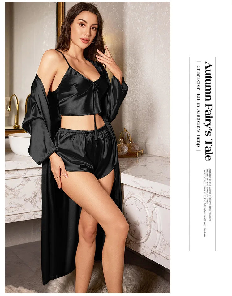 Women’s 3-Piece Satin Pajama Set – Sexy Nightdress, Cami & Robe Sleepwear