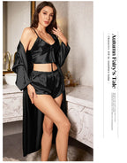 Women’s 3-Piece Satin Pajama Set – Sexy Nightdress, Cami & Robe Sleepwear