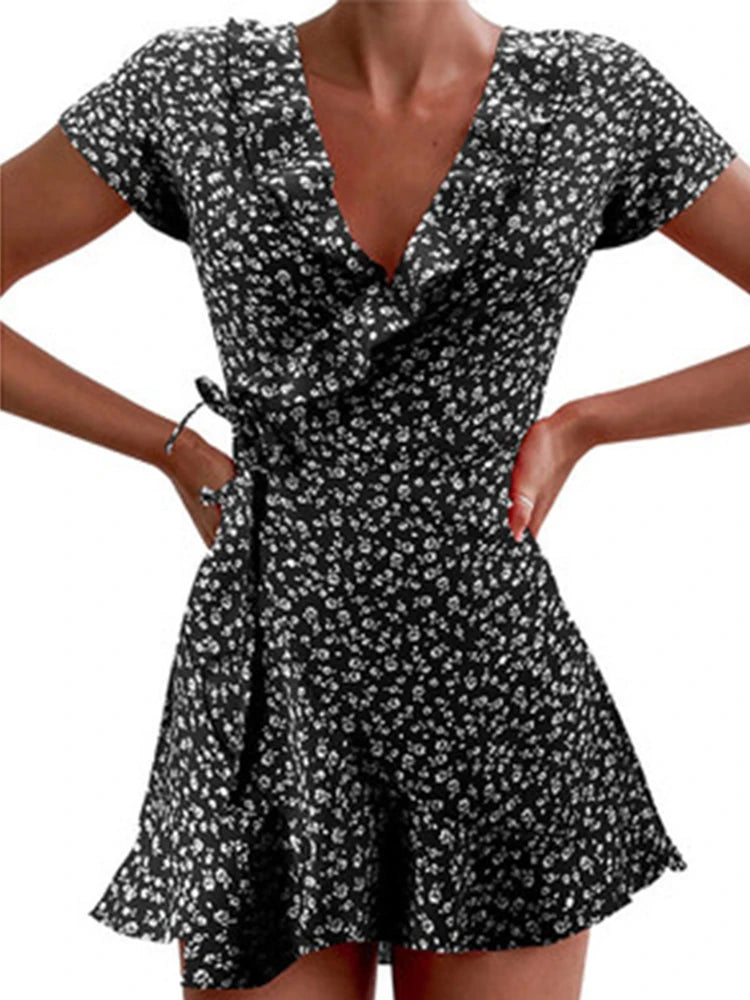 Floral Ruffle V-Neck A-Line Mini Dress 🌸✨
