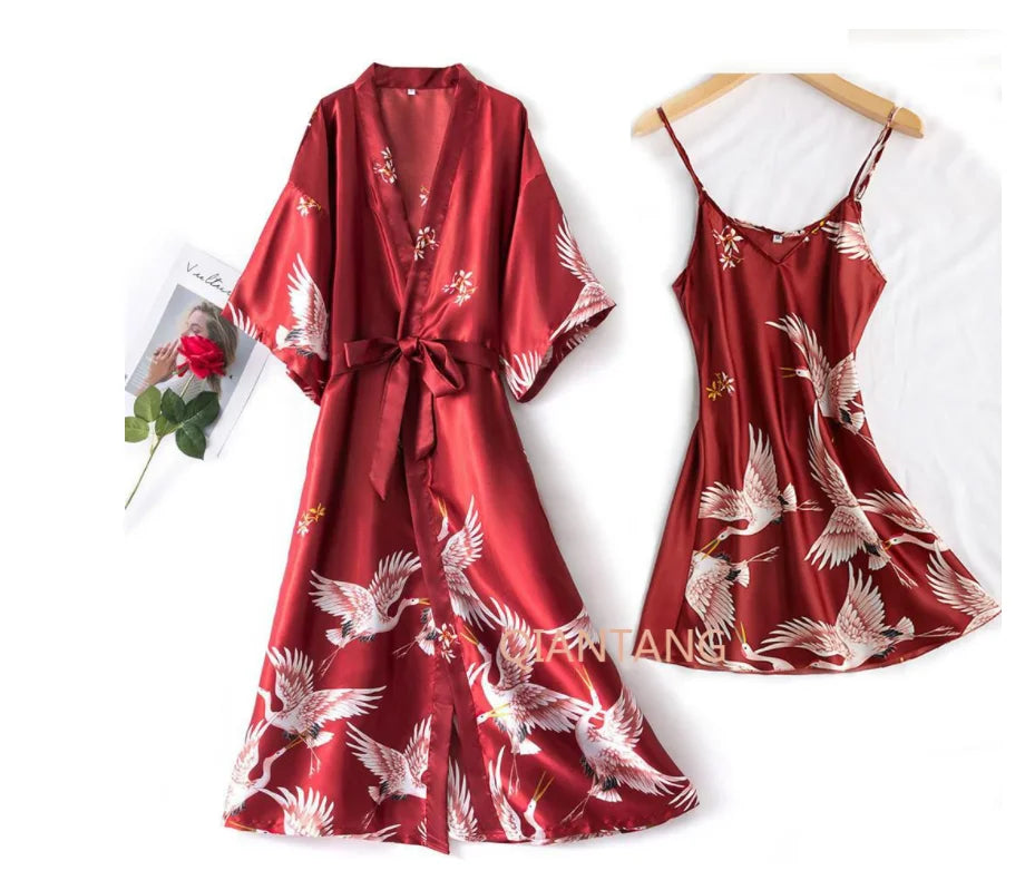 Women’s Silky 2-Piece Pajama Set – V-Neck Nightgown & Robe Loungewear