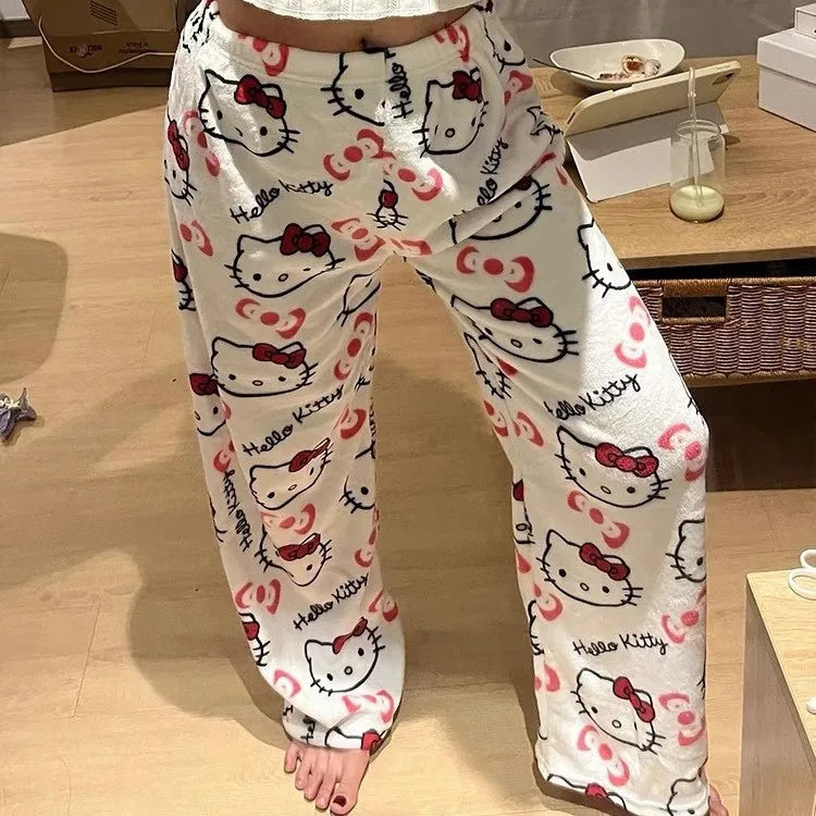 Stay Cozy in Style – Hello Kitty Cloud-Soft Flannel Pajama Pants for Winter Nights