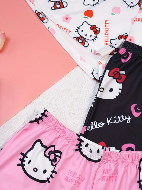 3pcs Sanrio Hello Kitty women's cute cartoon pajamas shorts for summer comfort, soft polyester suitable for home wear
