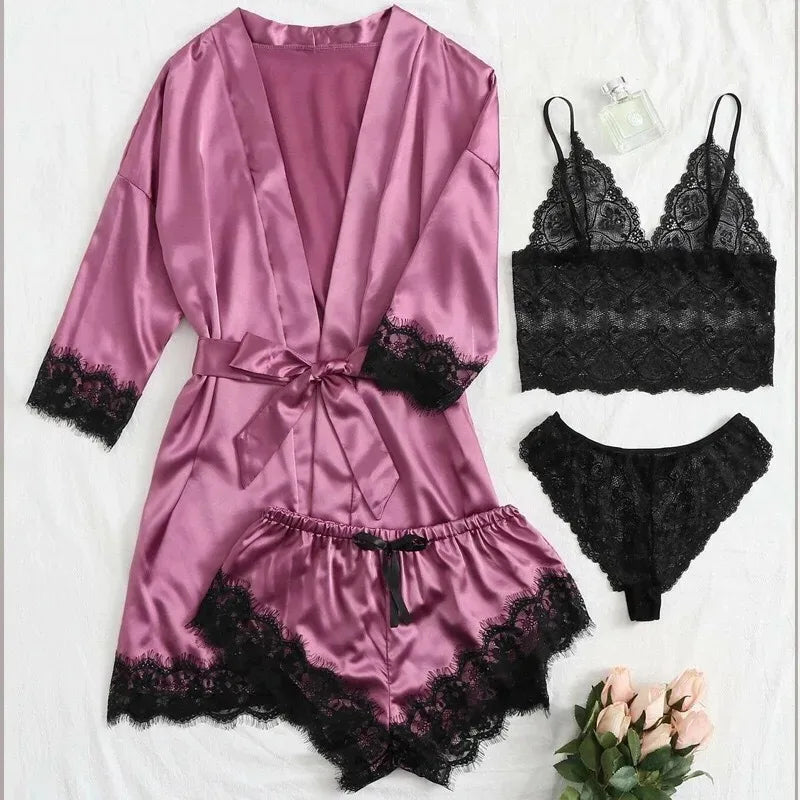 Women’s Elegant 4-Piece Satin Pajama Set – Lace Cami, Shorts & Robe Sleepwear