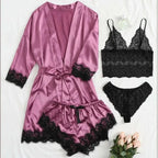 Women’s Elegant 4-Piece Satin Pajama Set – Lace Cami, Shorts & Robe Sleepwear
