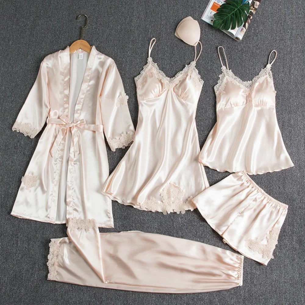 Women’s 5-Piece Satin Pajama Set – Silk Lace Robe & Sexy Nightwear Set