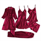 Women’s 5-Piece Satin Pajama Set – Silk Lace Robe & Sexy Nightwear Set