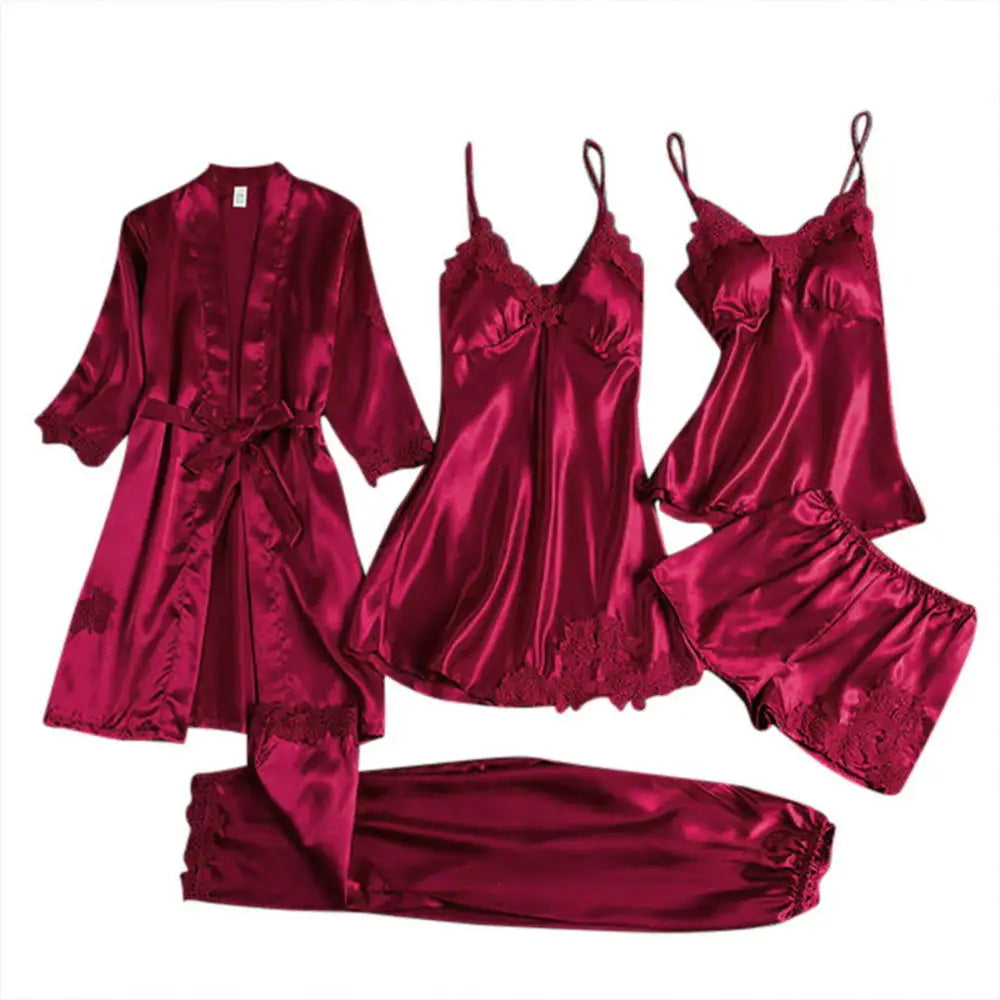 Women’s 5-Piece Satin Pajama Set – Silk Lace Robe & Sexy Nightwear Set
