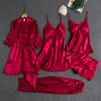 Women’s 5-Piece Satin Pajama Set – Silk Lace Robe & Sexy Nightwear Set