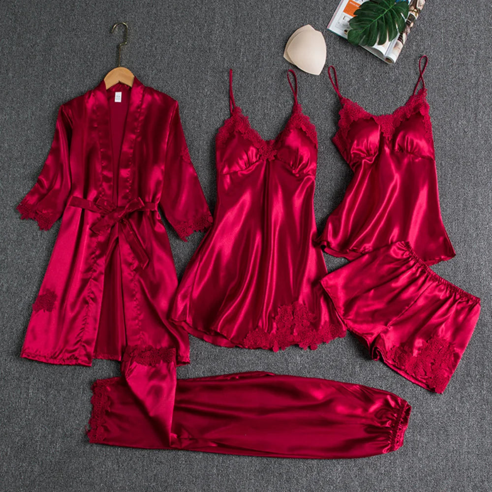 Women’s 5-Piece Satin Pajama Set – Silk Lace Robe & Sexy Nightwear Set