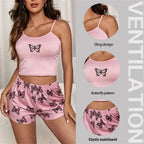 Women’s 2-Piece Butterfly Print Pajama Set – Suspender Top & Shorts Loungewear