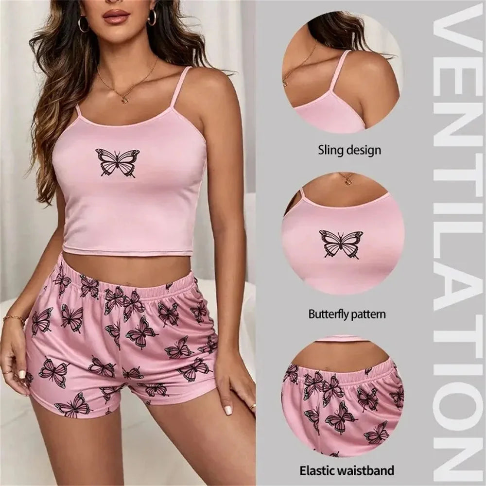 Women’s 2-Piece Butterfly Print Pajama Set – Suspender Top & Shorts Loungewear