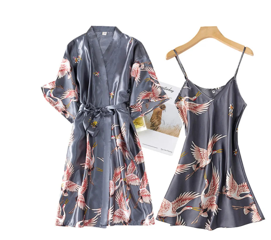 Women’s Silky 2-Piece Pajama Set – V-Neck Nightgown & Robe Loungewear