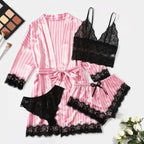 Women’s Elegant 4-Piece Satin Pajama Set – Lace Cami, Shorts & Robe Sleepwear
