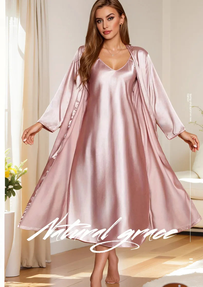 Women’s 2-Piece Pajama Set – Loose Robe & Cami Nightgown Loungewear