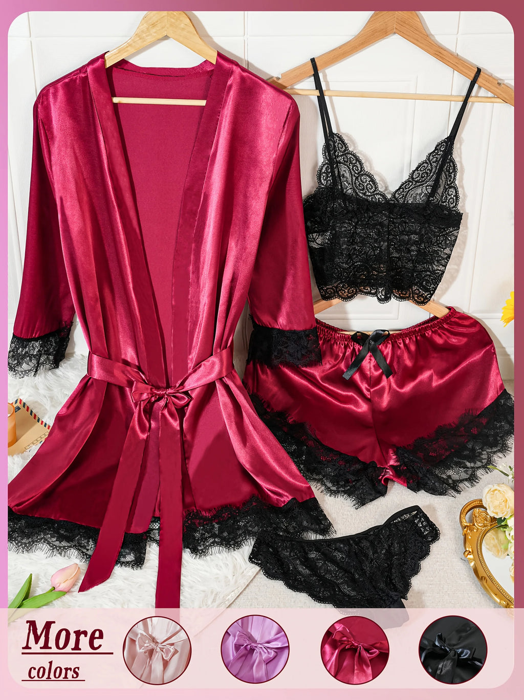 Women’s 4-Piece Satin Pajama Set – Silk Robe, Nightgown & Lace Sleepwear Set