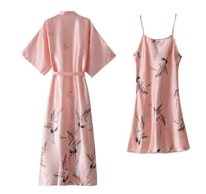 Women’s Silky 2-Piece Pajama Set – V-Neck Nightgown & Robe Loungewear