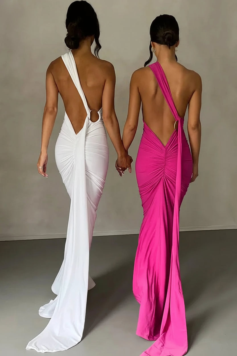 One Shoulder Backless Ruched Maxi Dress