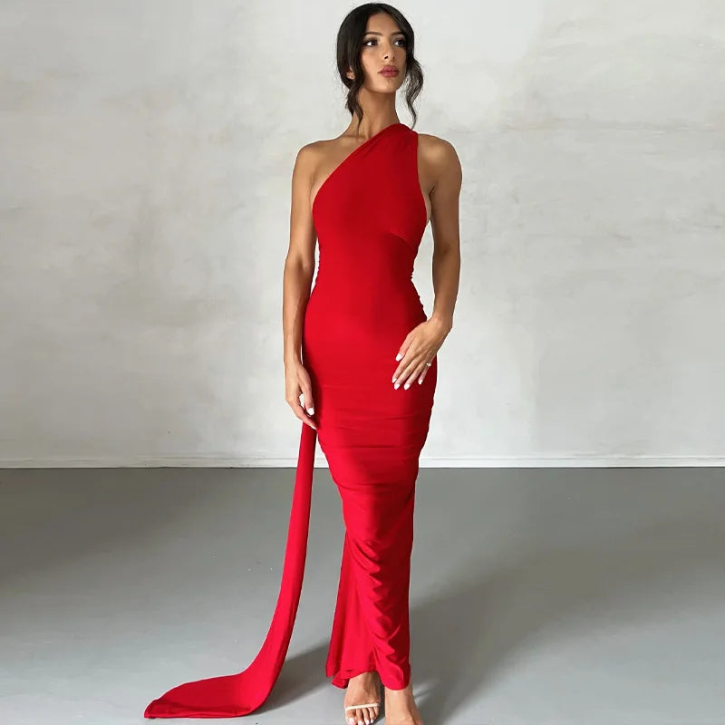 One Shoulder Backless Ruched Maxi Dress