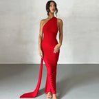 One Shoulder Backless Ruched Maxi Dress