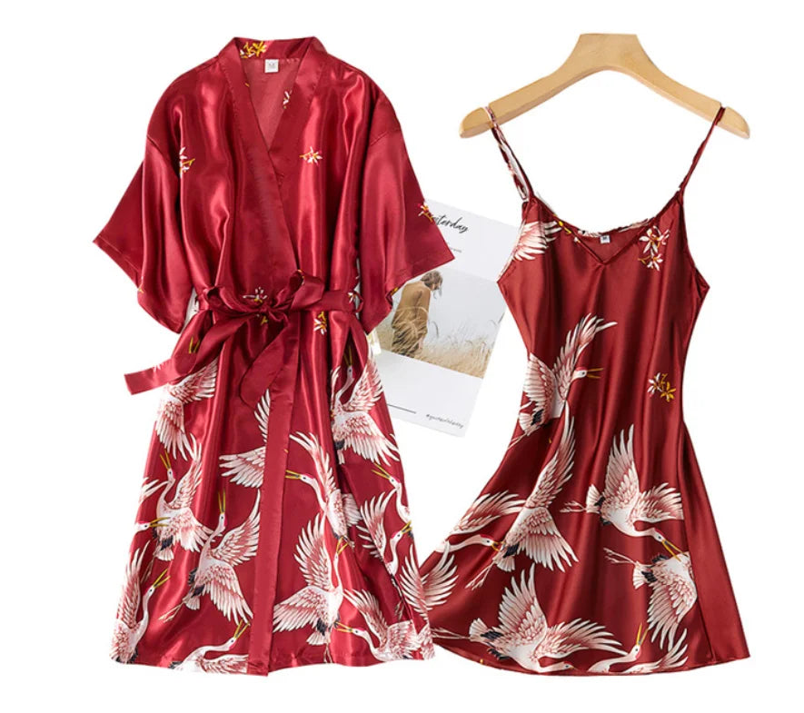Women’s Silky 2-Piece Pajama Set – V-Neck Nightgown & Robe Loungewear