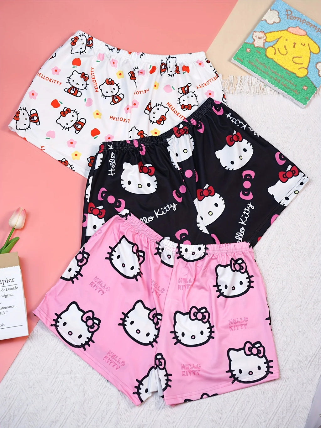 3pcs Sanrio Hello Kitty women's cute cartoon pajamas shorts for summer comfort, soft polyester suitable for home wear