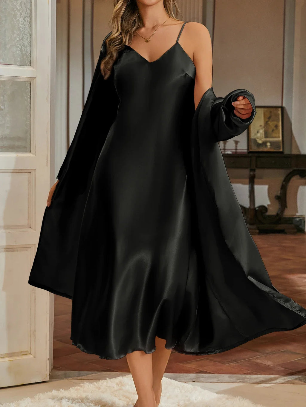 Women’s 2-Piece Pajama Set – Loose Robe & Cami Nightgown Loungewear