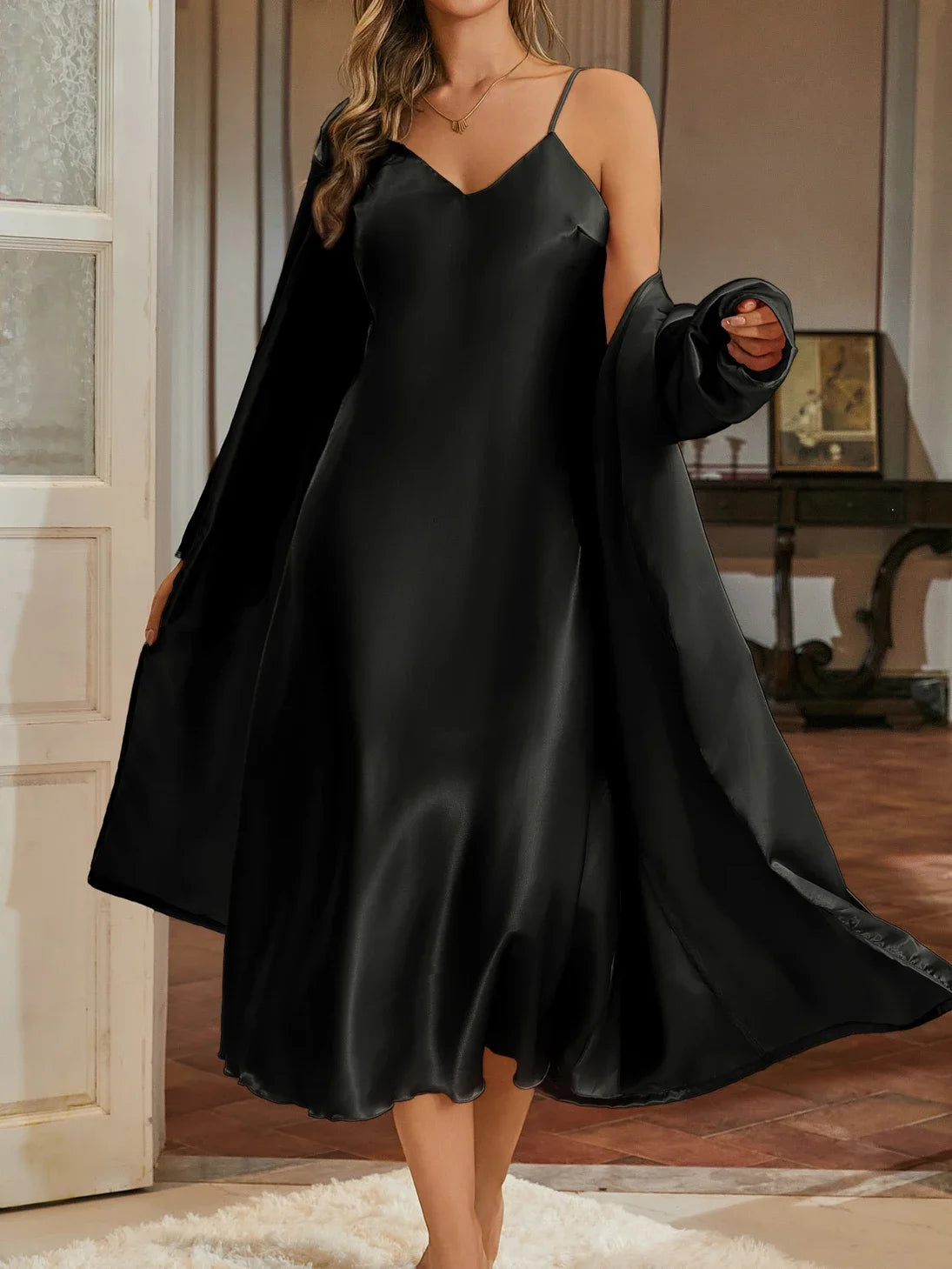 Women’s 2-Piece Pajama Set – Loose Robe & Cami Nightgown Loungewear