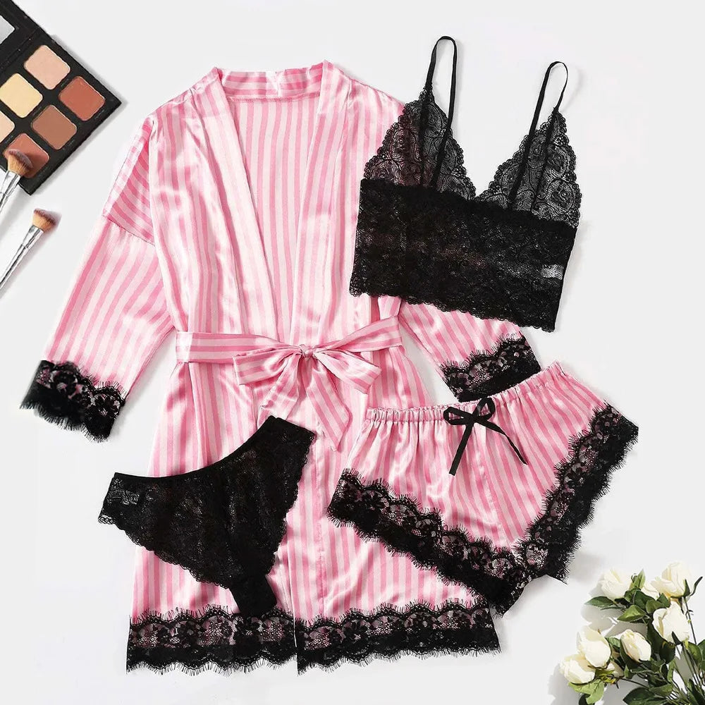 Women’s Elegant 4-Piece Satin Pajama Set – Lace Cami, Shorts & Robe Sleepwear