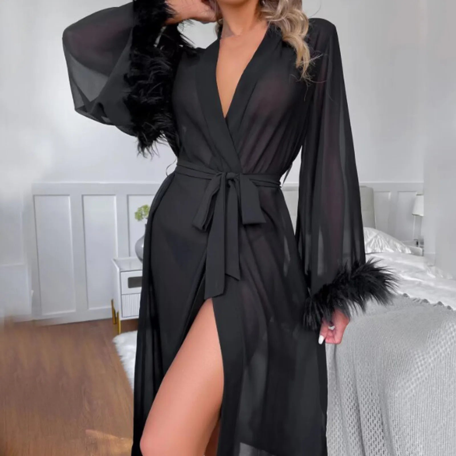Women’s Satin Feather Trim Robe – Sexy Long Sleeve Nightgown Loungewear