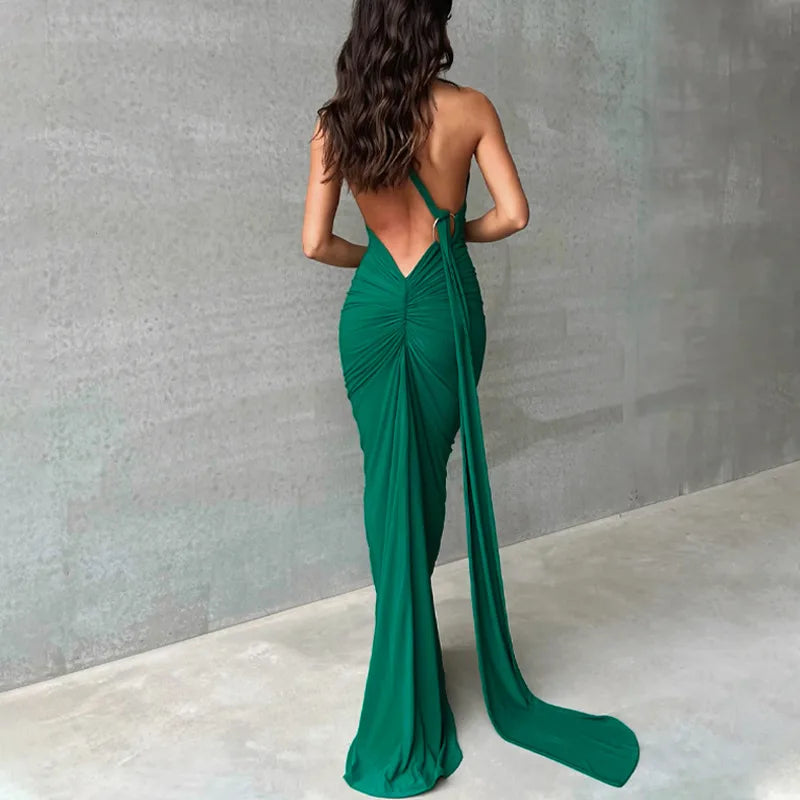 One Shoulder Backless Ruched Maxi Dress
