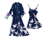 Women’s Silky 2-Piece Pajama Set – V-Neck Nightgown & Robe Loungewear