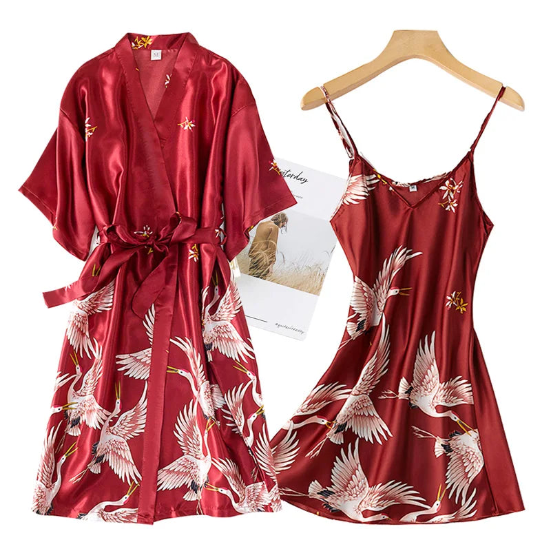 Women’s Silky 2-Piece Pajama Set – V-Neck Nightgown & Robe Loungewear