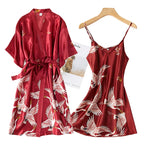 Women’s Silky 2-Piece Pajama Set – V-Neck Nightgown & Robe Loungewear