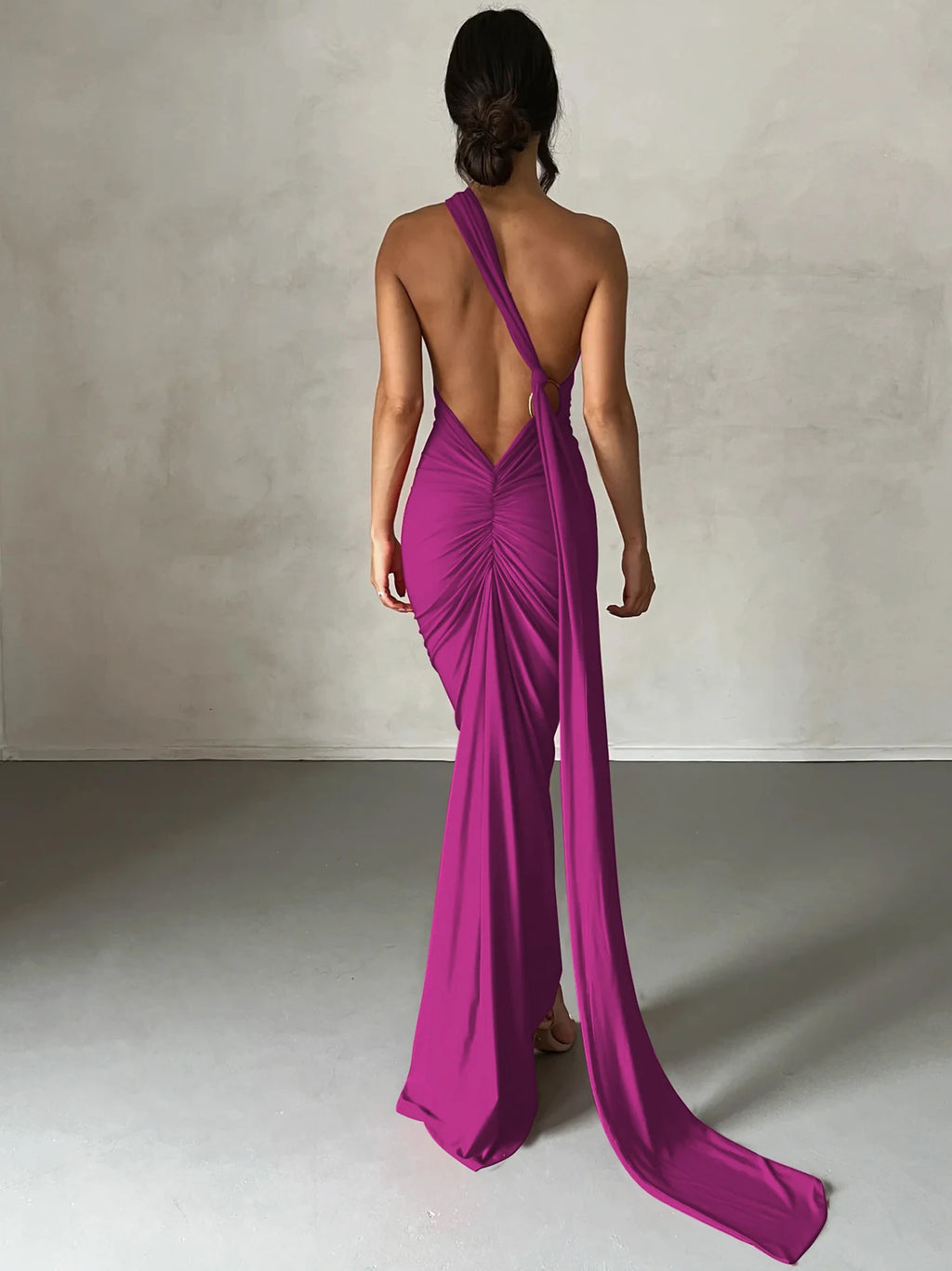 One Shoulder Backless Ruched Maxi Dress