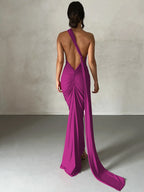 One Shoulder Backless Ruched Maxi Dress