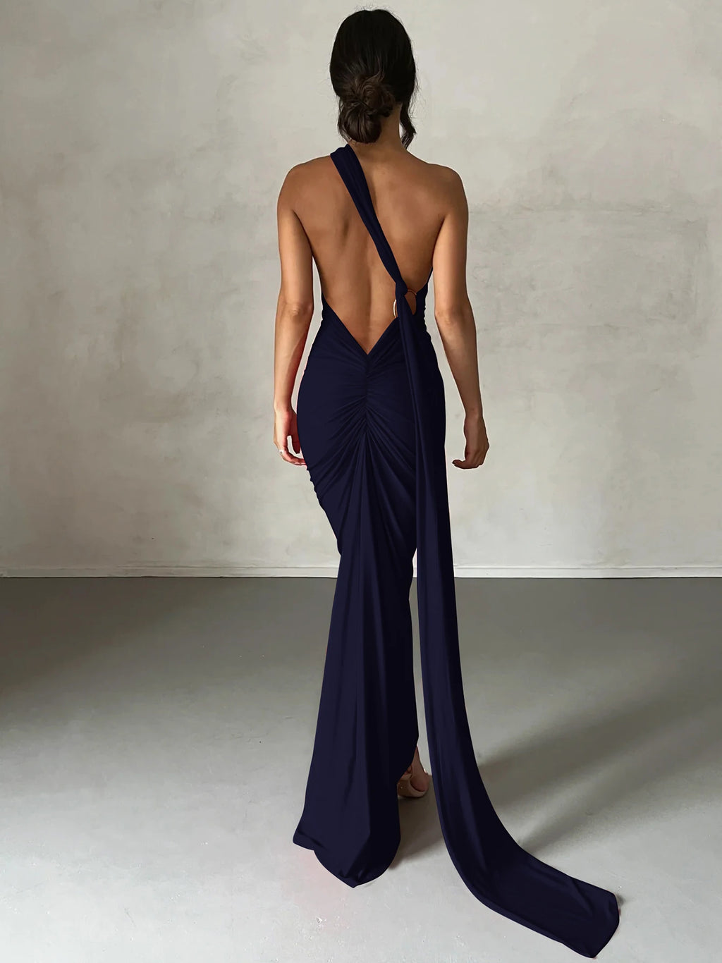 One Shoulder Backless Ruched Maxi Dress