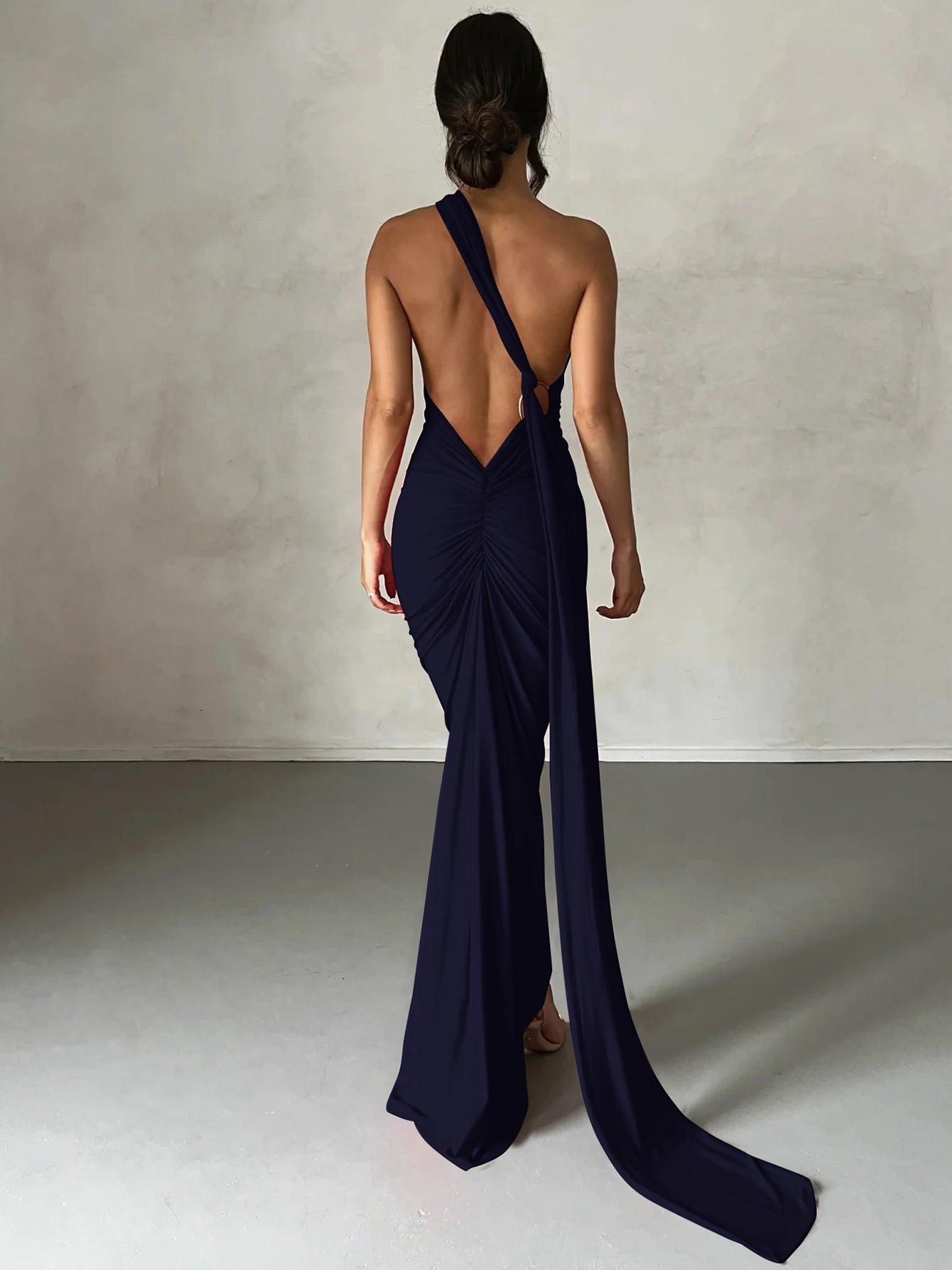 One Shoulder Backless Ruched Maxi Dress