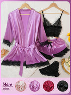 Women’s 4-Piece Satin Pajama Set – Silk Robe, Nightgown & Lace Sleepwear Set