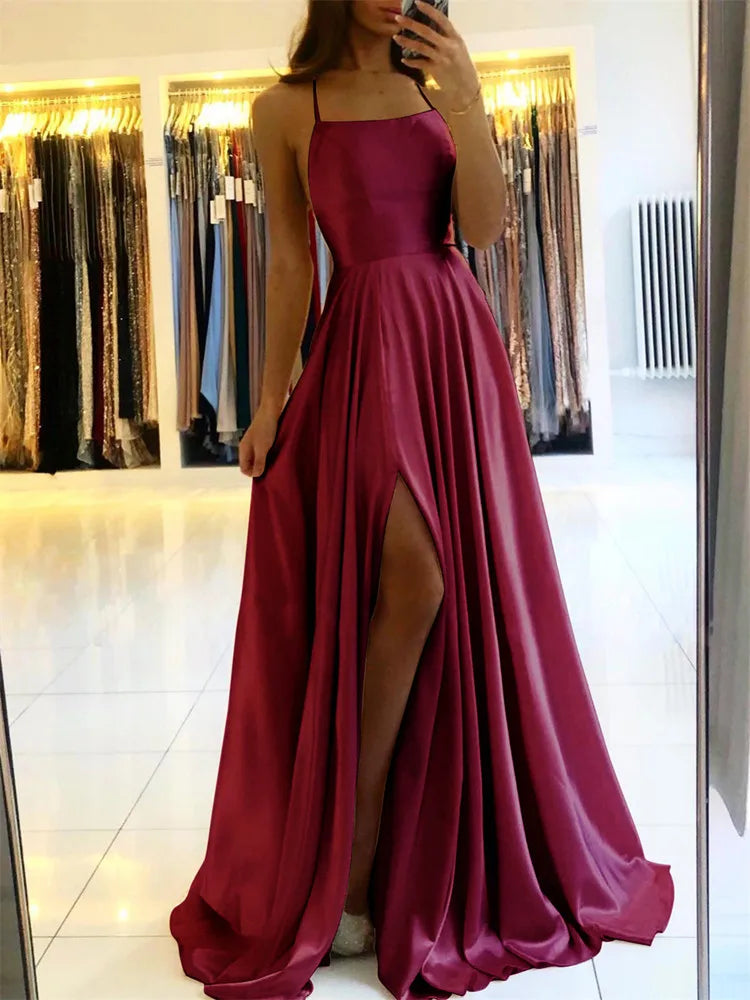 Burgundy Satin Side Slit Maxi Dress ✨