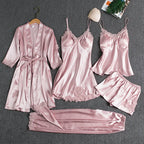 Women’s 5-Piece Satin Pajama Set – Silk Lace Robe & Sexy Nightwear Set