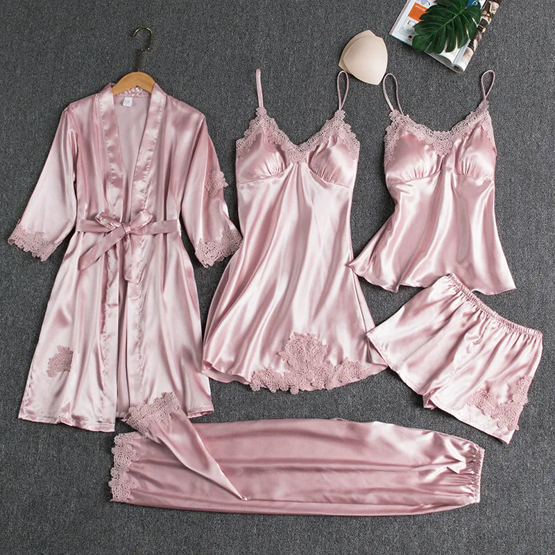 Women’s 5-Piece Satin Pajama Set – Silk Lace Robe & Sexy Nightwear Set