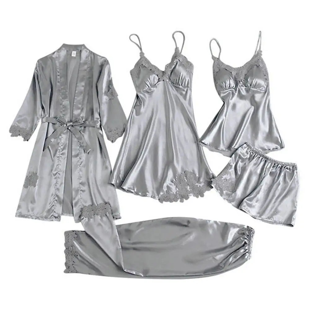 Women’s 5-Piece Satin Pajama Set – Silk Lace Robe & Sexy Nightwear Set
