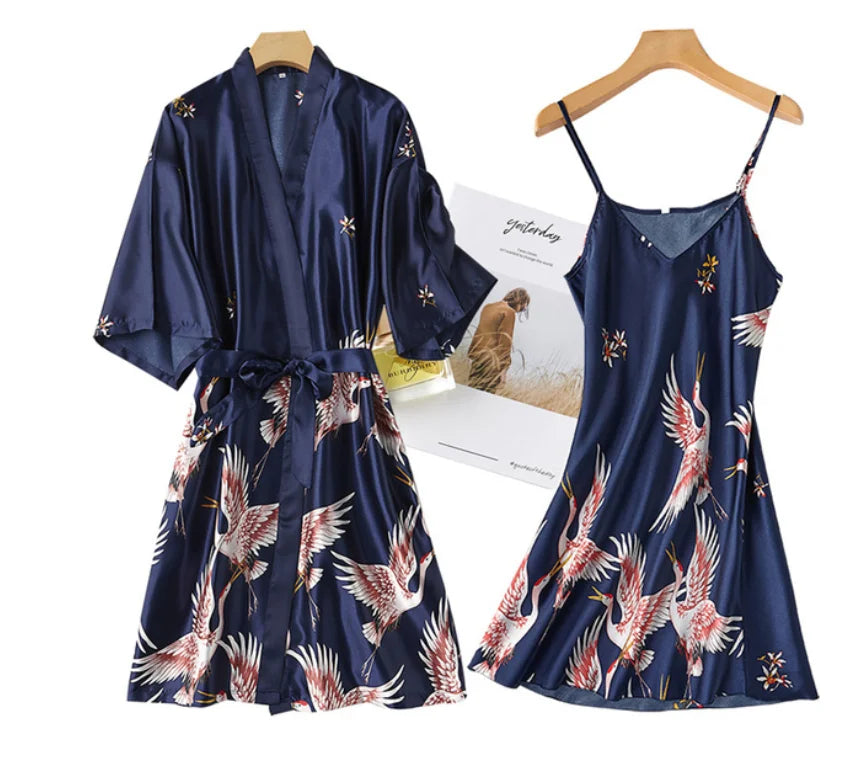 Women’s Silky 2-Piece Pajama Set – V-Neck Nightgown & Robe Loungewear