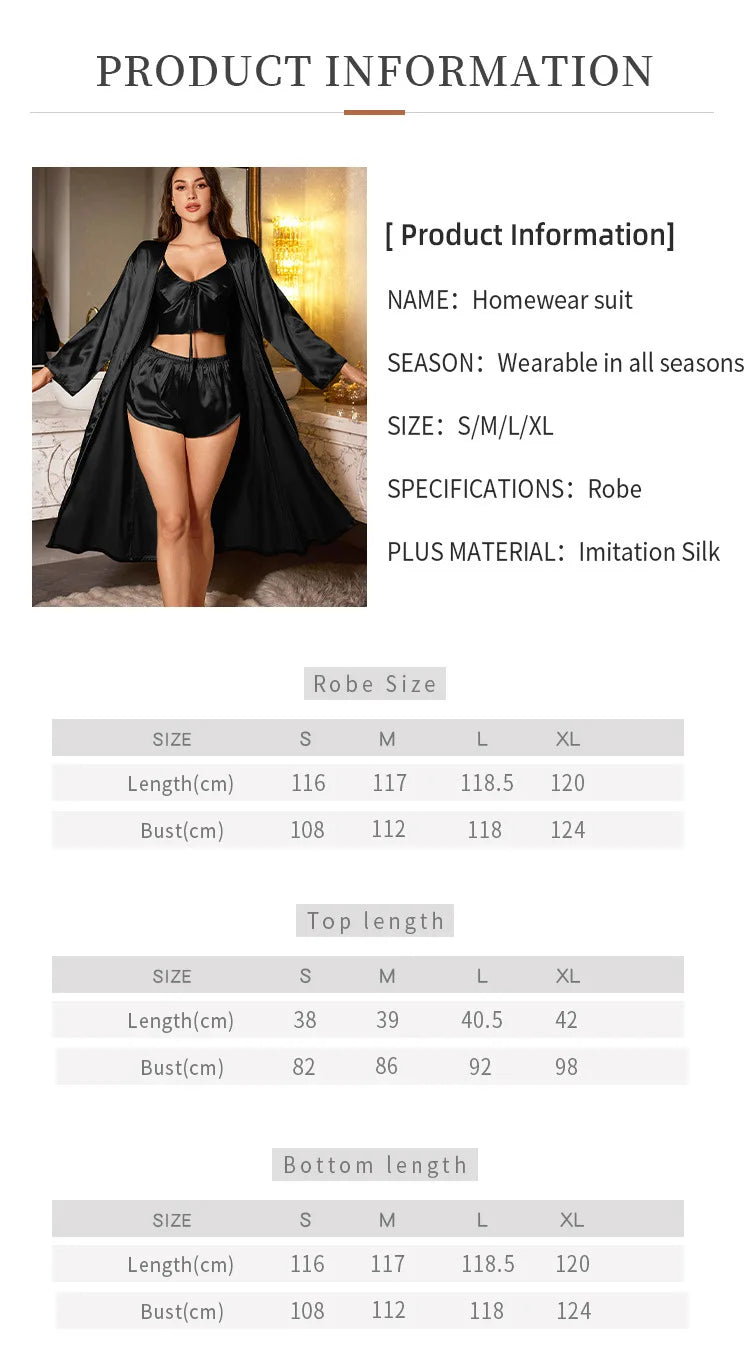 Women’s 3-Piece Satin Pajama Set – Sexy Nightdress, Cami & Robe Sleepwear