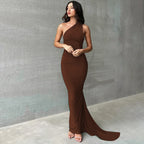 One Shoulder Backless Ruched Maxi Dress