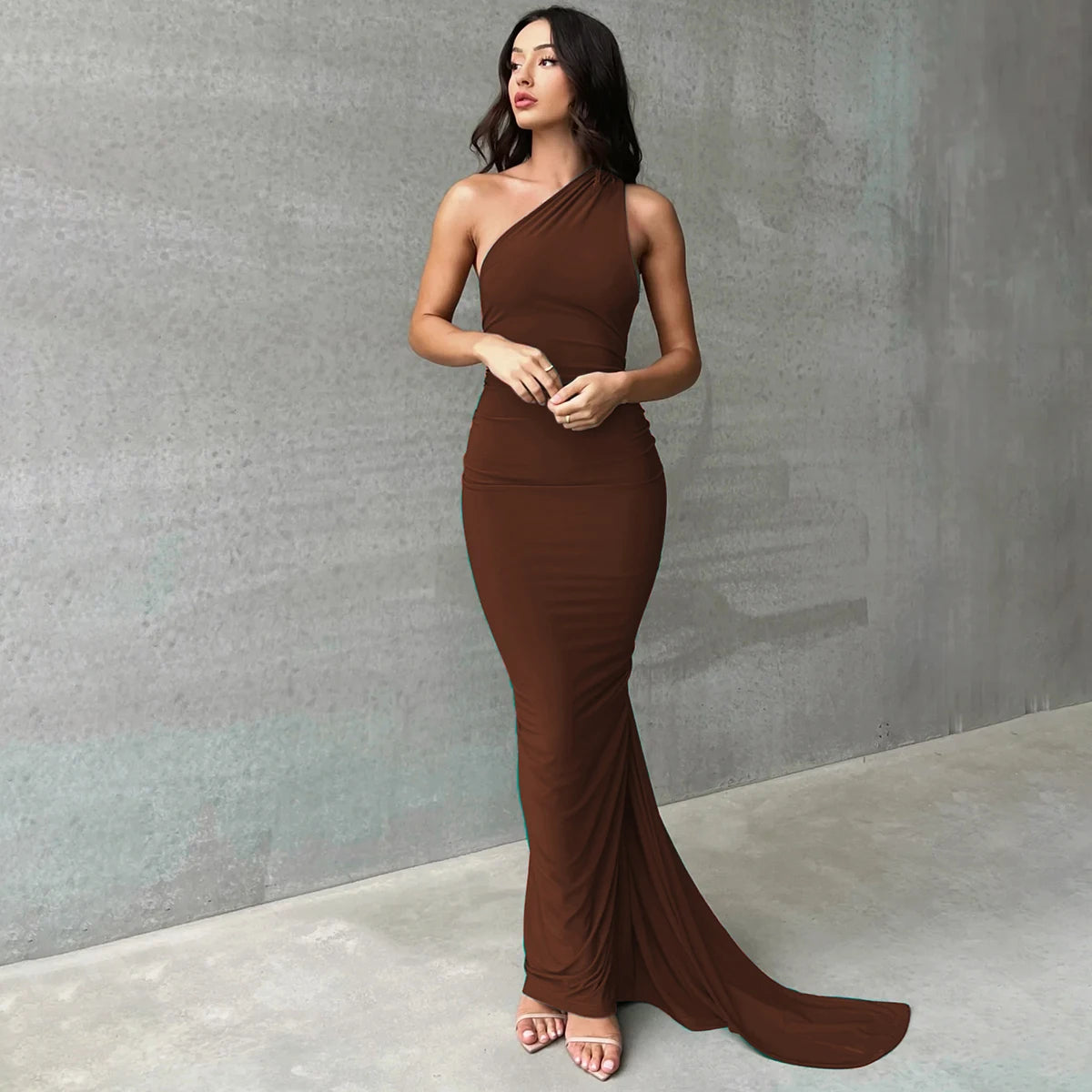One Shoulder Backless Ruched Maxi Dress