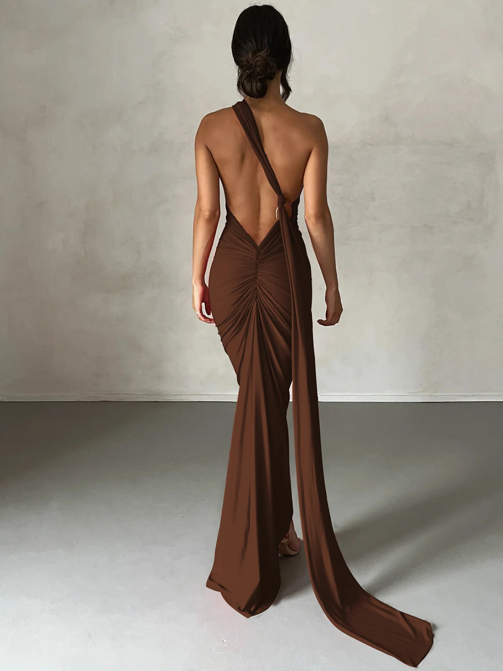 One Shoulder Backless Ruched Maxi Dress