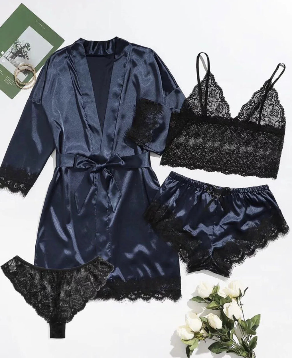 Women’s Elegant 4-Piece Satin Pajama Set – Lace Cami, Shorts & Robe Sleepwear