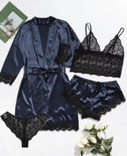 Women’s Elegant 4-Piece Satin Pajama Set – Lace Cami, Shorts & Robe Sleepwear