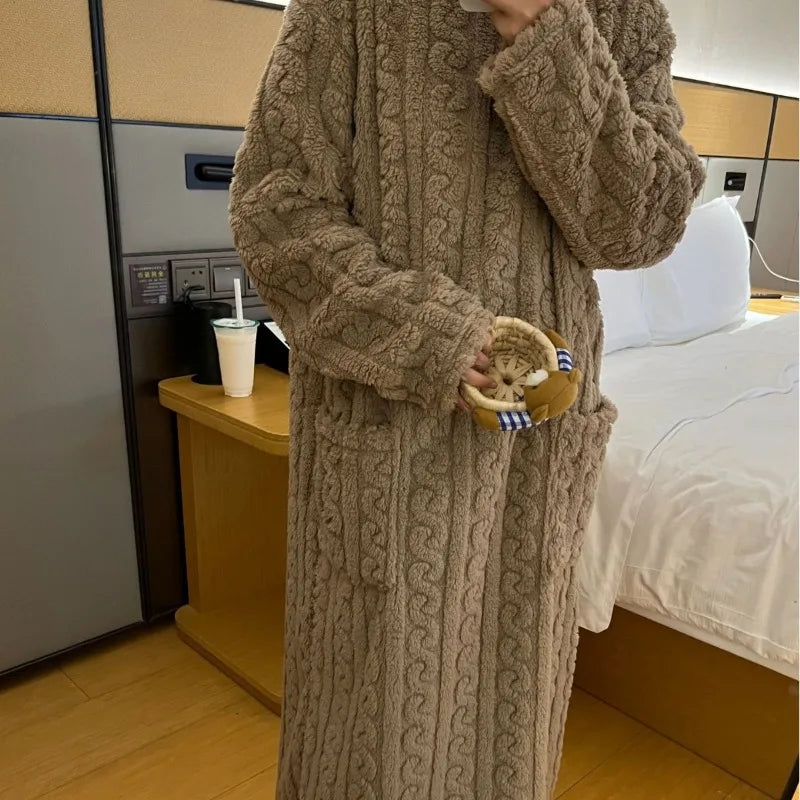 Women’s Coral Fleece Bathrobe – Thick & Warm Winter Robe Loungewear